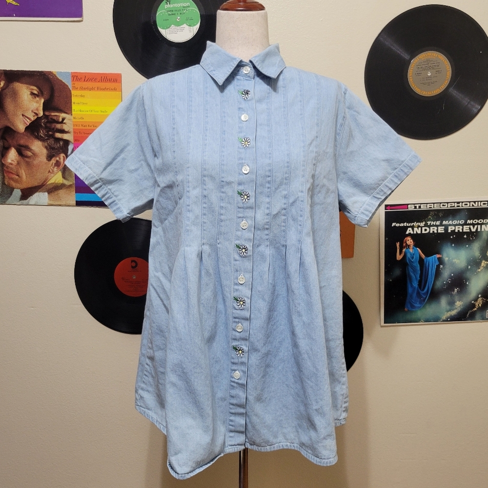 Meg Lauren | Vintage Light Blue Denim Button-Up Pleated Tunic